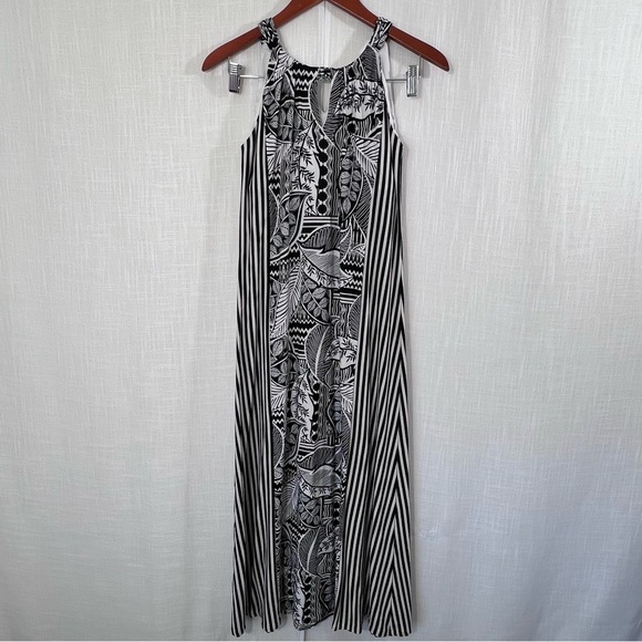 Chicos Tropical Print Flattering Stripes Halter Keyhole Tie Neck Maxi Dress 0P - Picture 3 of 15